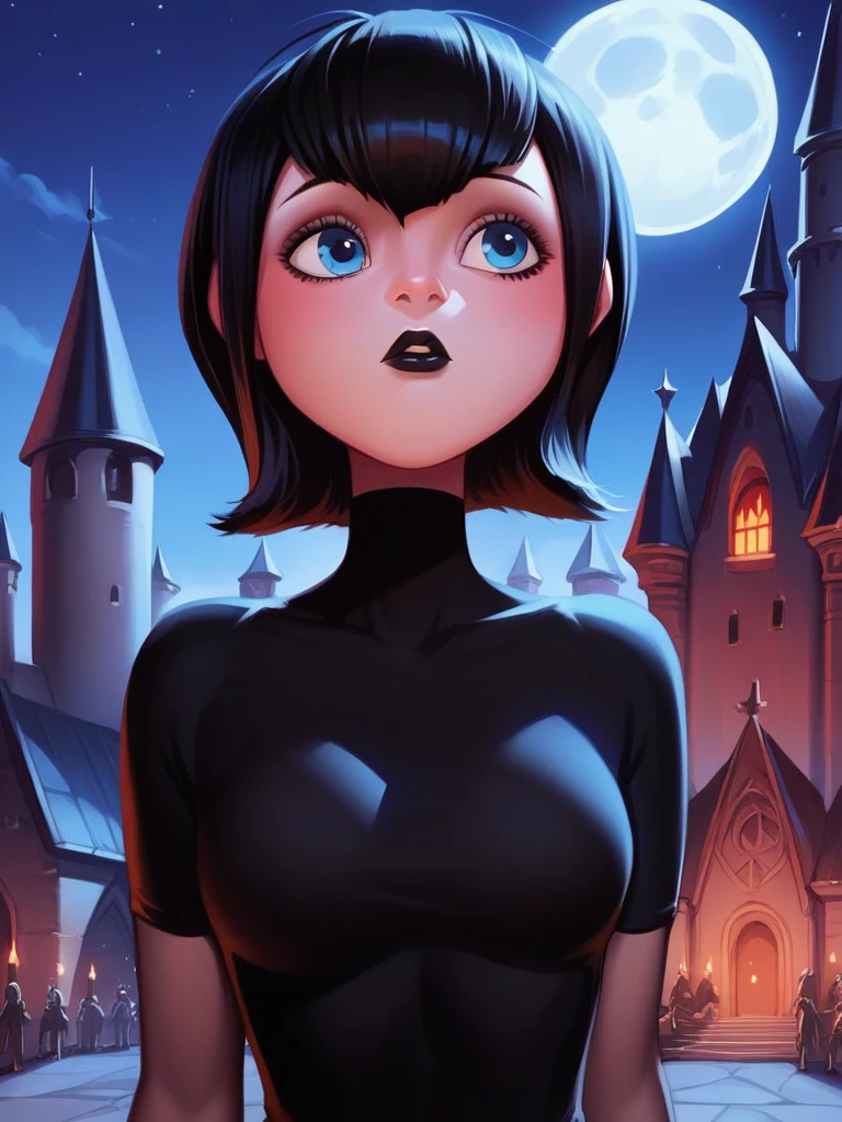 score_9, score_8_up, score_7_up, source_anime, source_cartoon, Mavis,short hair, black hair, best quality, perfect eyes,  portrait, breasts,lips, black lips,eyelashes, blue eyes, black dress, castle, darkness, full moon