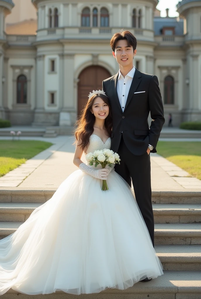bride and groom posing for a photo in formal attire, wedding photo, lovely couple, happy couple, hi-res scan, hi - res scan, in front of white back drop, bride and groom, 🤬 🤮 💕 🎀, couple portrait, couple, wedding, 155 cm tall, 165 cm tall, couples portrait, couple pose