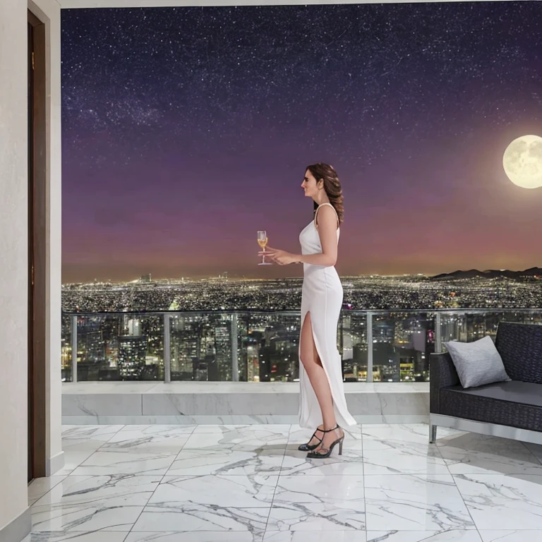 deep night, View from the balcony of a high-rise building in the city center, deep night, Big Full Moon, northern sky, Roses on the balcony railing, sofa with pillows, glass table with champagne cooling bucket.
Woman 50 years old in high heels poses full length in (a chic wrap evening dress), (briefs under the dress), realistic crotch, (holding a glass of champagne in his hand).

Realistic anatomy, Correct anatomy, solo, 