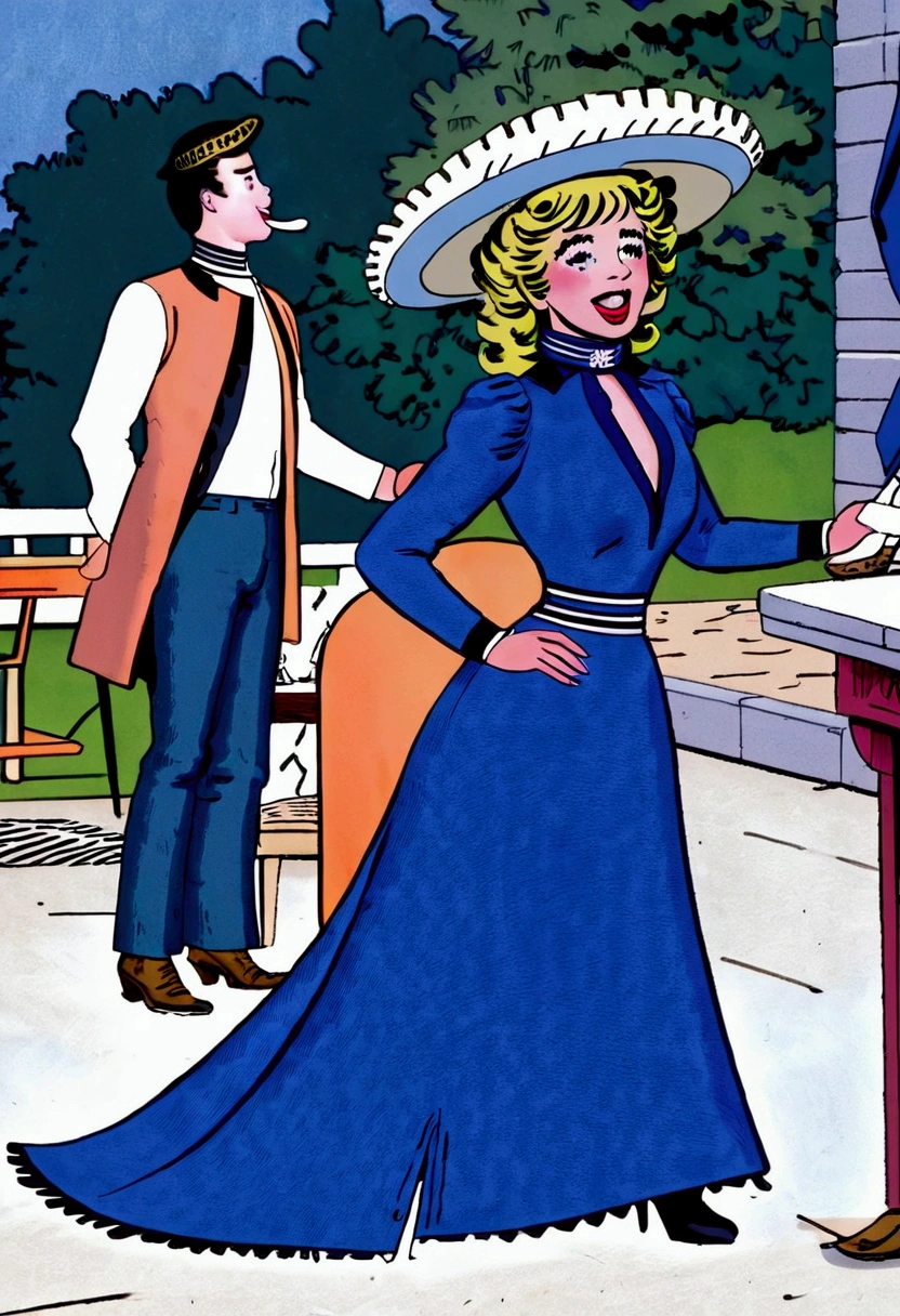 Betty Cooper as a stunningly beautiful **** blonde Gibson Girl of the 1890s wearing a blue 1890_dr3ss, picture hat, parasol, gloves, perky pushed up breasts, high-collar long sleeve shirtwaist, skirt, 9in wasp waist, white boots. (((Sitting on a chair, performing fellatio on a fat horny 69yo man standing beside her, wearing a white suit, open trousers))) (((NSFW))). (((1girl, 1man:1.5))). Year 1899. Summer's day, ((outdoors))