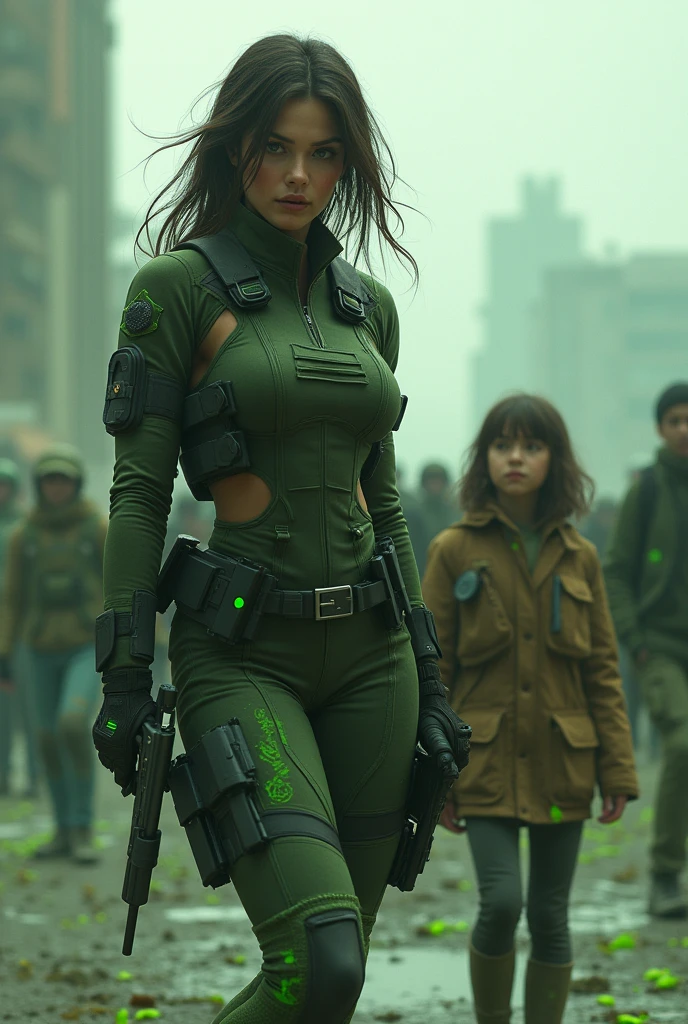 AV actress, beautiful and cute in a special forces uniform, natural breast, high resolution, Realistic art, Fight zombies, 1 adult woman, 1 young girl alone, On the roof, green blood splash, serious face, Closed radiation tracing, perfect lighting, perfect details,