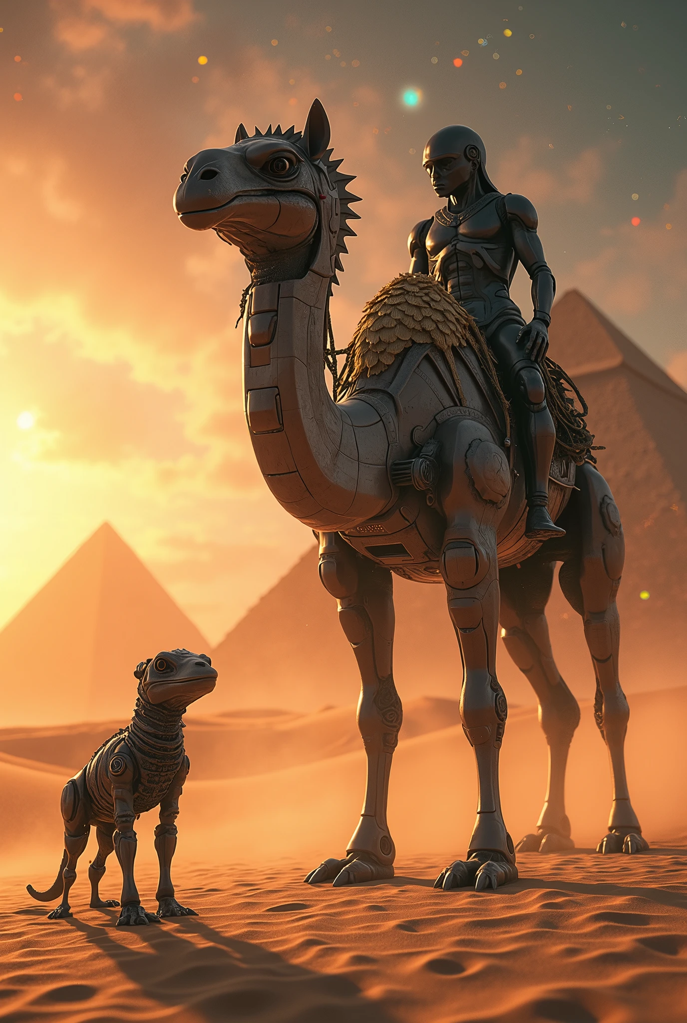 masterpiece, amazing unreal engine, 8K, 16K, Against a warm golden hour backdrop, a majestic mechanical/cyborg/camel male stands tall beside a curious cyborg/mecha/chameleon on a vast desert landscape. Giant sand dunes stretch to the horizon, where pyramids and statues of Ra rise like ancient sentinels. Vibrant stars and constellations twinkle in the sunset sky as a shy ghostly mist rises from the sandy floor. Cinematic lighting casts dramatic shadows, highlighting intricate reptile scales and camel fur textures. Volumetric lighting illuminates dust particles suspended in air, while galaxies and nebulas appear to fade into the atmospheric perspective. The scene is bathed in warm tones, with photorealistic detail that transports the viewer to this otherworldly desert oasis.