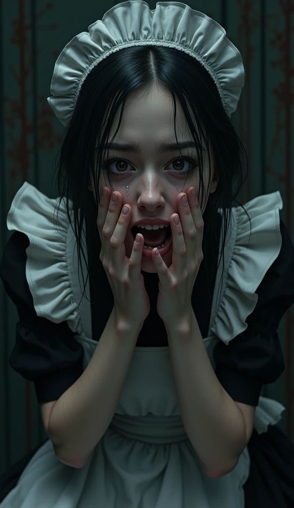 (32K:1.9, Horror expression:1.9, Highest quality, masterpiece, Ultra-high resolution), Perfect dynamic composition, Highly detailed skin and facial textures:1.3, Detailed eyes, Detailed limbs, (The Darkest Dungeon:1.3), Tattered light blue sailor suit:1.5, Cute sexy slim Japanese schoolgirl:1.3, Fair skin, Tilt your head, (5 Zombies:1.8, Crazy behavior:1.7, Zombie touching a woman:1.9, Raindrops falling from the ceiling:1.5), (Her big breasts look like they're about to burst., areola is not visible, Big cleavage), (A look of despair:1.3, Expression of despair:1.3, Totally captivates you), Beautiful Blue Eyes, Beautiful erotic eyes, Sexy Face, blush, Beautiful sensual atmosphere, Professional random camera work, ((Bloody:1.9, Covered in scars:1.9, Bruises on the face:1.9, Covered in bruises:1.9, Lots of big chains:1.8, Countless chains tangled in clothes:1.8, Chain your right arm:1.8, Chain the left arm:1.8, The right leg is bound with a shackle and chain:1.8, The left leg is bound with a shackle and chain:1.8)), ((The endless chains invade:1.8)), (Too erotic)