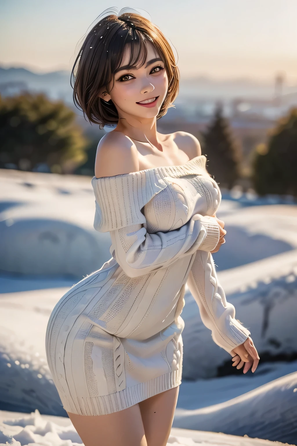 (The contrast of light and shadow makes the subject appear three-dimensional),(((With the sunset in the background))),(((Standing on a snowy mountain in winter:1.3))),Beautiful adult woman,smile,Blushing,Red lips,(((Off-white off-the-shoulder knit jumper dress:1.3))),Black Stockings,Knee-high boots,(Brunette Pixie Cut),(((Accentuate your breasts:1.3))),Playing with the chest,Detailed characteristics of the garment,Detailed characteristics of hair,Detailed facial features,(Dynamic Angle),(Dynamic and sexy pose),Professional Lighting,Cinematic Light,(Highest quality,Ultra-high resolution output images,) ,(8K quality,Written boundary depth,Anatomically correct facial structure,),(SeaArt 2 Mode:1.3),(Picture Mode Ultra HD,),(3D Realistic Photography:1.3)