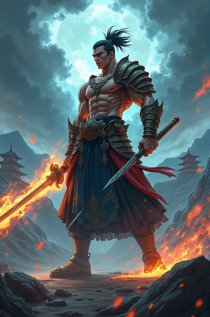 Anime drawing male character with black hair and blue eyes, gladiator outfit in the middle of the war