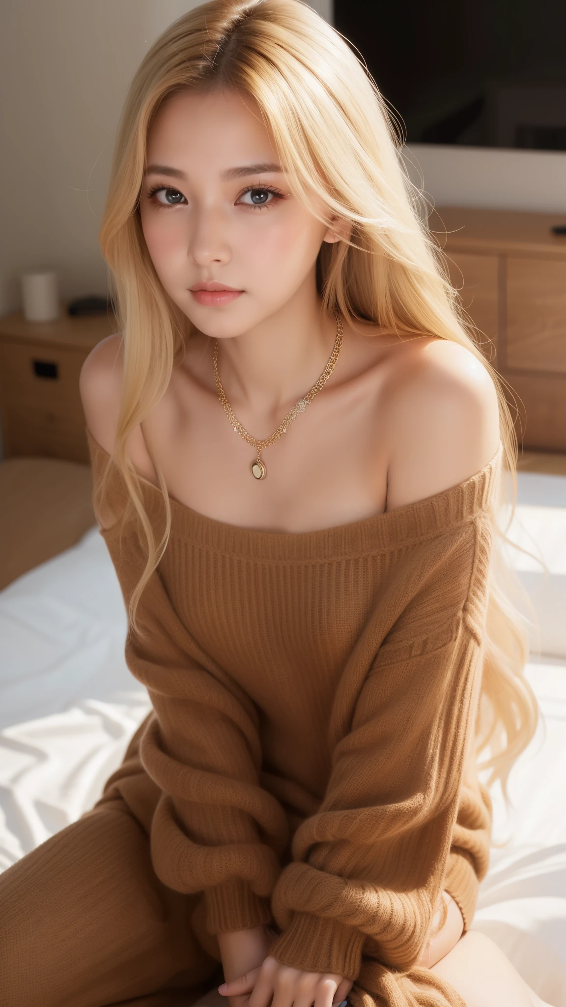 1Girl 25 years old, soli, Long hair, midsize , looking down at viewer, blond hair, bare shoulders, brown eyes, jewellery, full entire body, 项链, off shoulders, pullover, lips, realisti, nose, flirting with the camera