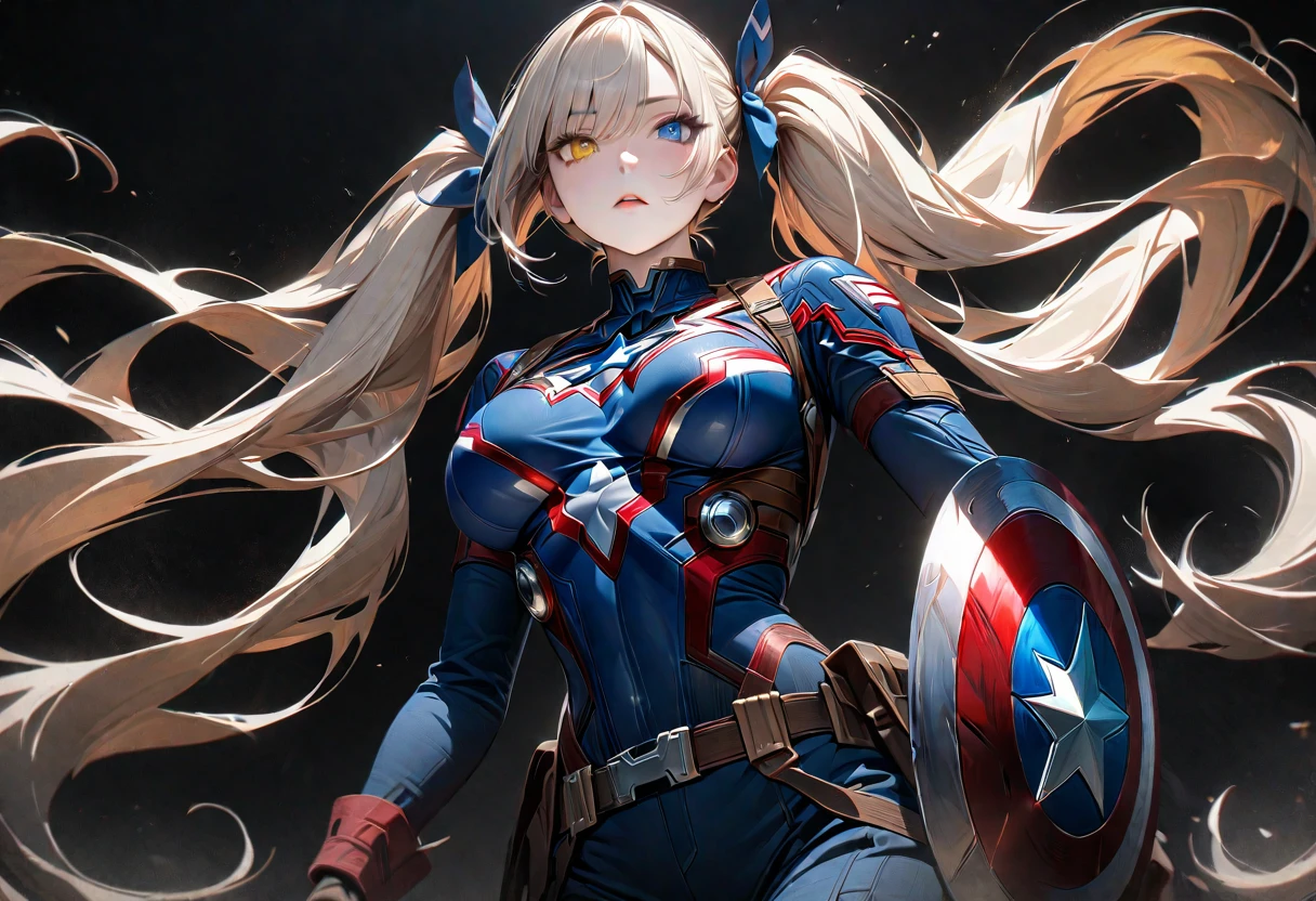 Young Woman, Long golden hair, High Ponytail, Red eyes, captain America, masterpiece, Highest quality, Full HD, 8k, Super detailed, Great graphics、Beautiful breasts、、(Black background;1.5)、Cowboy Shot
