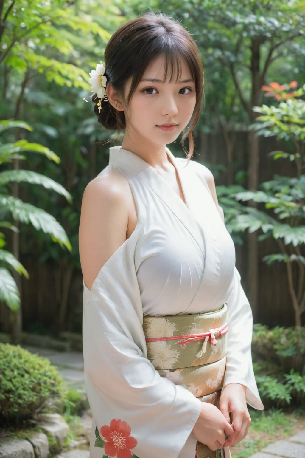 1 girl, teenage, faint lips, kimono, breasts out, Bare shoulders, half undress