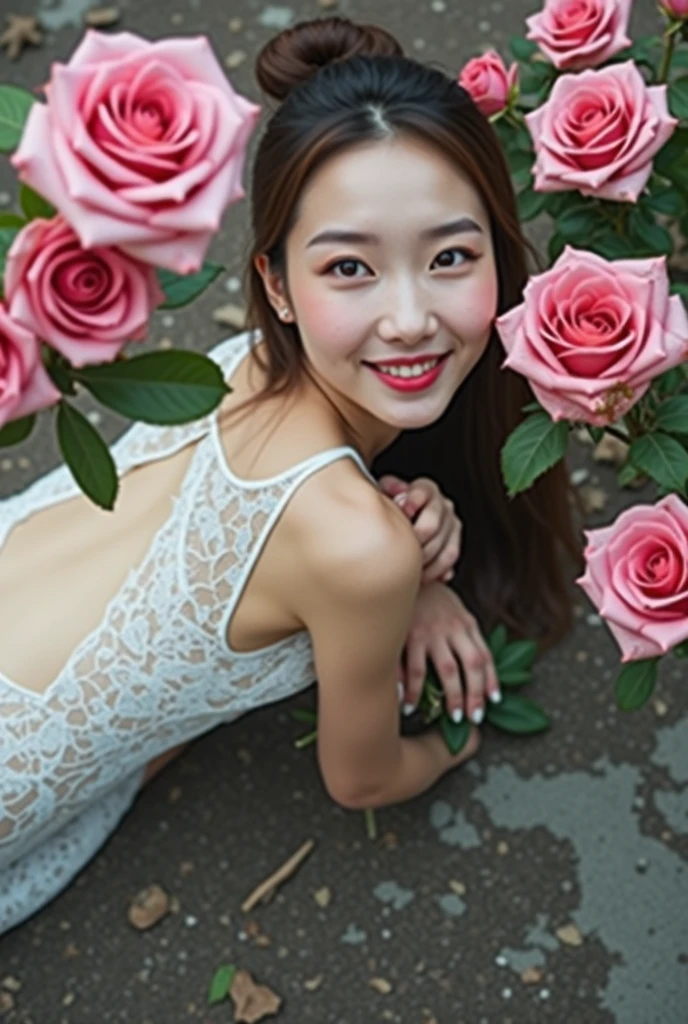 Gemma Chan, smiling, make up, Holding a bouquet of roses, nude, looking deeply into my eyes, with the backdrop of the ocean, blue sky, and pristine picture quality.