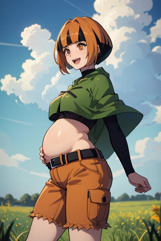 masterpiece, best quality,  1 pregnant girl, natane, multicolored hair, green capelet, black shirt, long sleeves, midriff, belt, orange shorts, large breasts, green boots, furrowed brow, :D, third trimester of pregnancy, \(basic\), from side, standing, garden, field, sky, clouds