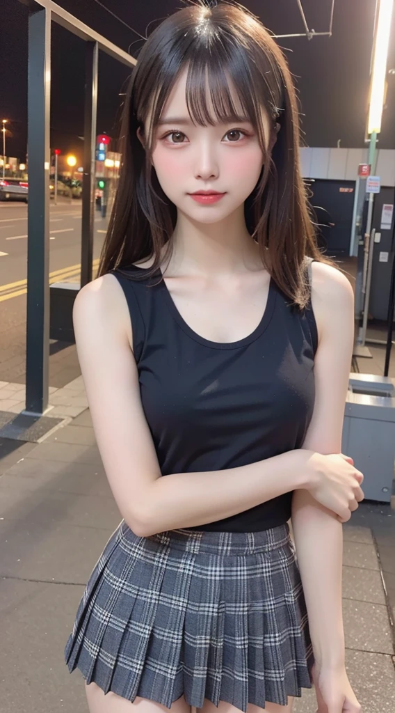 A girl wearing a black bra top and a white skirt, highest quality, figure, Very detailed, In detail, High resolution, 8k wallpaper, Perfect dynamic composition, Beautiful fine details, Natural color lip, Random sexy poses,smile,Aoyama Street Walk,20-year-old girl,No underwear,genital,pubic hair,A girl squatting with her legs apart
