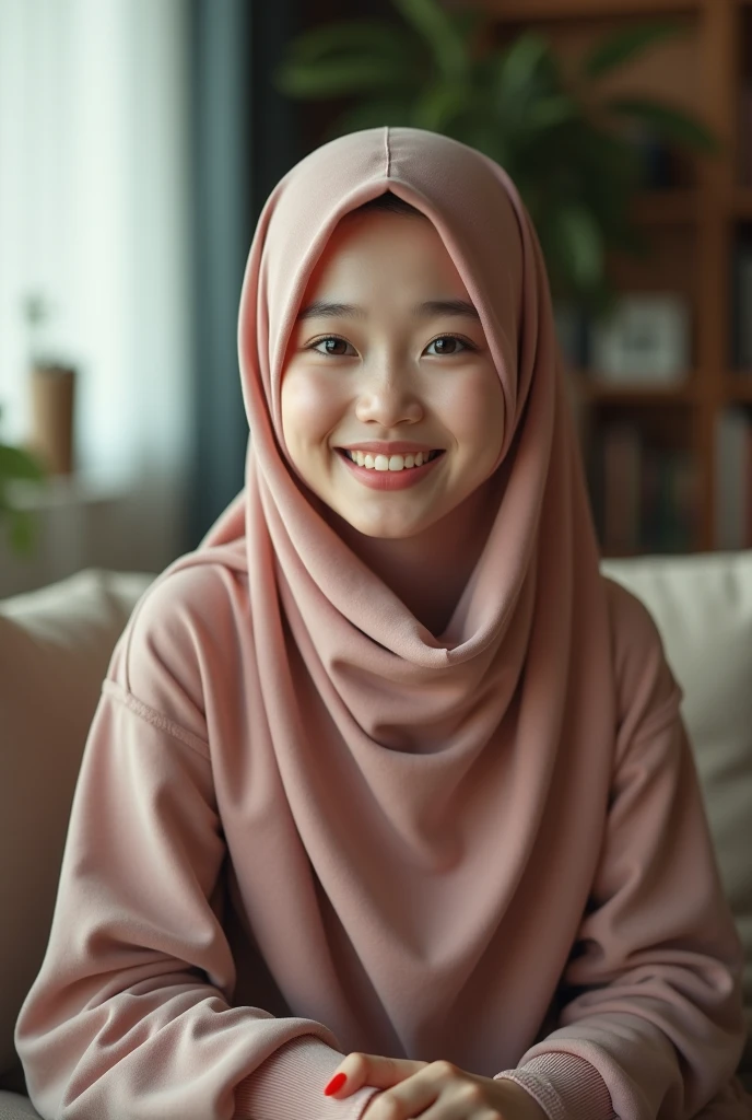malaysian girl wearing hijab, beautiful face smiles sweetly, naked, without clothes, small breasts