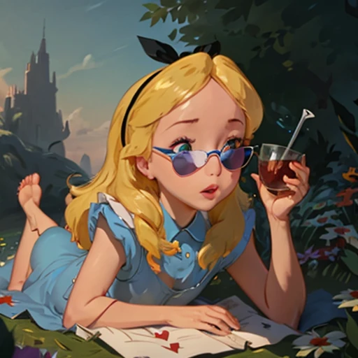 Alice in Wonderland lying on her belly with her feet up, wearing a loose top showing small tits, bare ass, no panties on, bare feet, drinking a tea lying on the grass in wonderland, heart sunglasses on the tip of her nose 