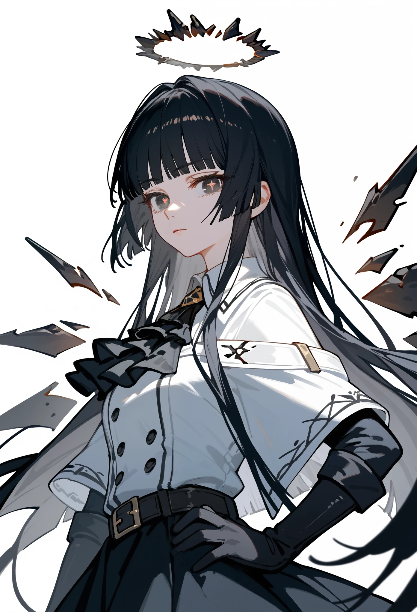 (score_9, score_8_up, score_7_up), portrait, 1girl, solo, VirtuosaBase, white pupils, long hair, hime cut, broken halo, black ascot, white shirt, capelet, black sleeves, black gloves, belt, black skirt, energy wings, standing, hand on hip, upper body, portrait, white background, simple background