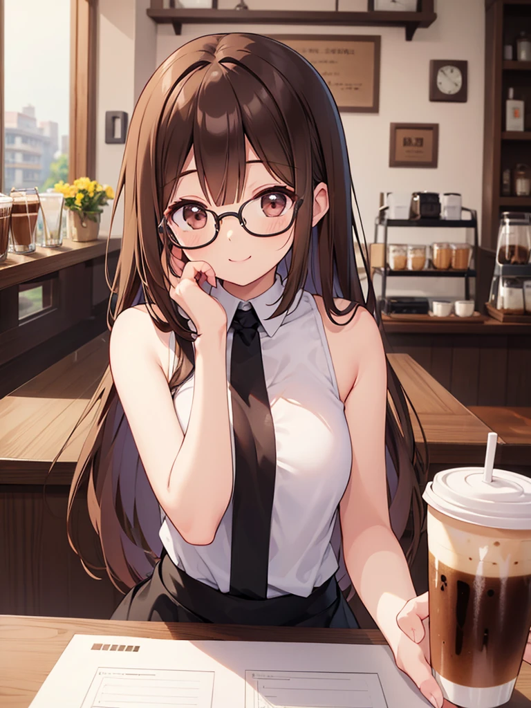 ((masterpiece:1.4)), ((best quality:1.4)), (ultra-detailed:1.4), ((kawaii)), cute, (lovely), ((sexy)), (ero), ((extremely detailed)), 4K, (8K), best quality, (beautiful), anime style, realistic, real, upper body, close-up of face, detailed face, focus on the face, cafe, a cute girl, 1girl, solo, sweater, jeans, beautiful dark brown hair, beautiful purple eyes, detailed eyes, ((beautiful eyes with highlights:1.3)), white-skinned, ponytail, transparent hair, translucent hair, large breast, glasses, ((hold a coffee cup :1.1)), coffee, light smile, neon light, reflection effect