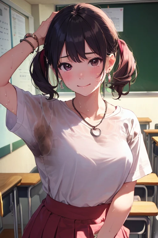 (NSFW)、(masterpiece:1.3, Highest quality, Ultra-high resolution, Super detailed), (Realistic,Young face、Super cute、photoRealistic:1.4), Beautiful illustrations, Perfect lighting,Anatomically perfect、Depth of written boundary, (Black hair with pink inner color、Black and pink hair、Twin tails)、(high school girl、School uniforms、Summer clothes、White shirt、Earrings、necklace、bracelet)、(White loose socks、Brown Loafers)、(((Sweat、Oily skin)))、(classroom)、smile、(((A lot of love juice)))