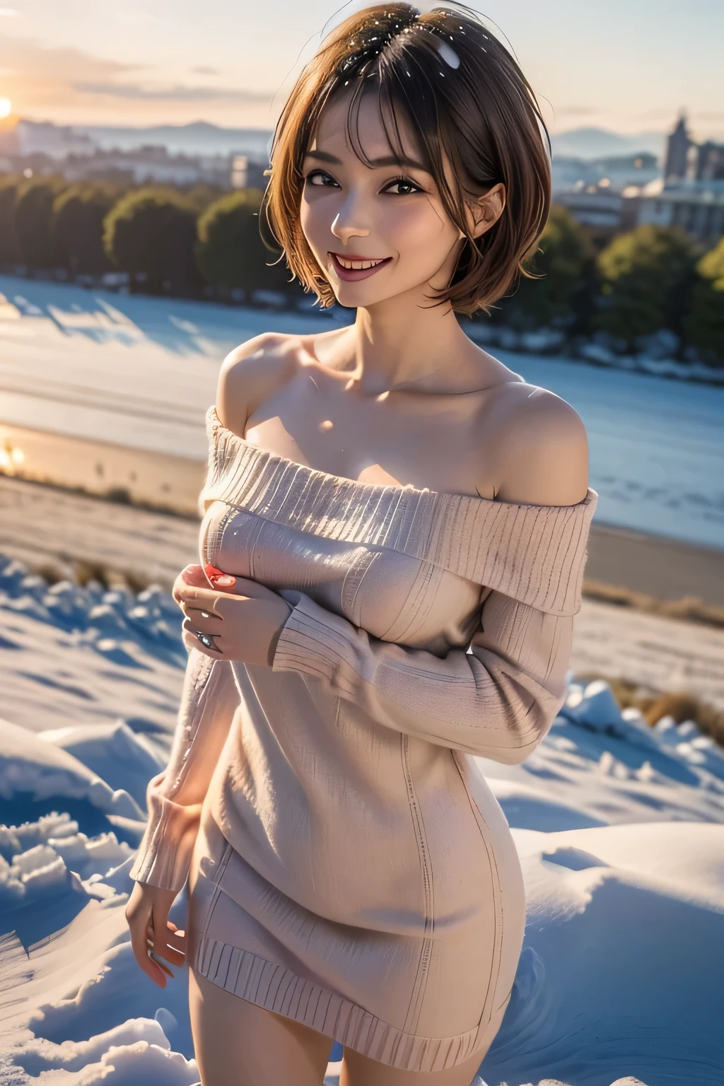 (The contrast of light and shadow makes the subject appear three-dimensional),(((With the sunset in the background))),(((Standing on a snowy mountain in winter:1.3))),Beautiful adult woman,smile,Blushing,Red lips,(((Pink off-the-shoulder knit jumper dress:1.3))),Black Stockings,Knee-high boots,(Brunette Pixie Cut),(((Accentuate your breasts:1.3))),Playing with the chest,Detailed characteristics of the garment,Detailed characteristics of hair,Detailed facial features,(Dynamic Angle),(Dynamic and sexy pose),Professional Lighting,Cinematic Light,(Highest quality,Ultra-high resolution output images,) ,(8K quality,Written boundary depth,Anatomically correct facial structure,),(SeaArt 2 Mode:1.3),(Picture Mode Ultra HD,),(3D Realistic Photography:1.3)