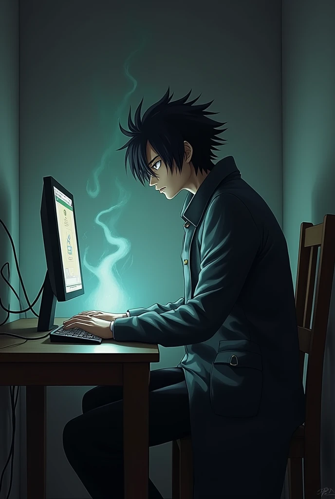 Anime gamer guy cigarette in his mouth, dark haired mullet haircut, wearing square silver glasses in his room