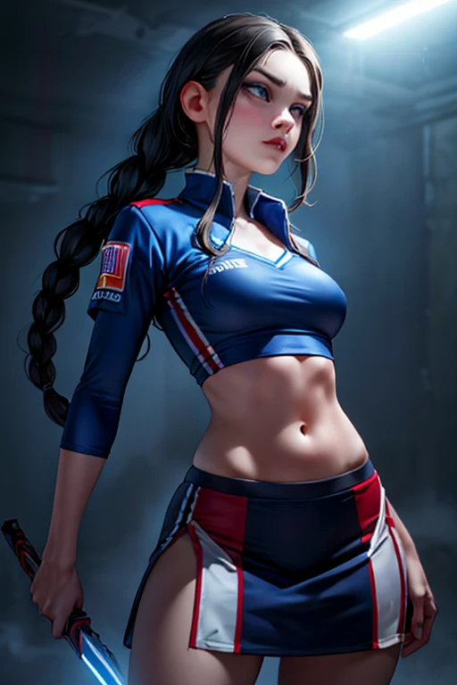 A beautiful girl with long braided black hair, blue eyes, thin lips, and a round face, wearing a cheerleader uniform, holding a serrated dagger, with an arrogant expression, a zombie killer protagonist, (best quality,8k,highres,photorealistic,hyper detailed,studio lighting,vibrant colors,dramatic lighting,cinematic,dark fantasy art style),desolate city background