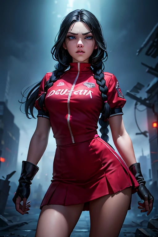 A beautiful girl with long braided black hair, blue eyes, thin lips, and a round face, wearing a cheerleader uniform, holding a serrated dagger, with an arrogant expression, a zombie killer protagonist, (best quality,8k,highres,photorealistic,hyper detailed,studio lighting,vibrant colors,dramatic lighting,cinematic,dark fantasy art style),desolate city background