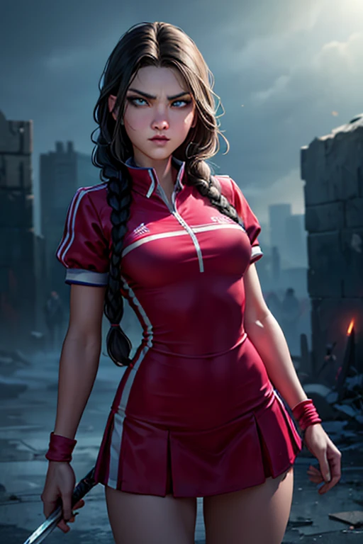 A beautiful girl with long braided black hair, blue eyes, thin lips, and a round face, wearing a cheerleader uniform, holding a serrated dagger, with an arrogant expression, a zombie killer protagonist, (best quality,8k,highres,photorealistic,hyper detailed,studio lighting,vibrant colors,dramatic lighting,cinematic,dark fantasy art style),desolate city background