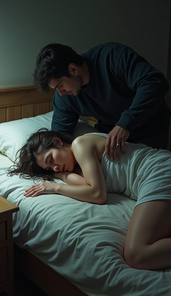 One in bed but there is something on her legs her husband tries to take off his pants to see what it is the thing goes to her breasts the husband doesn't want to see he takes off his shirt to see what it was and then takes off her bra to see what her hand was on her breasts he tries to take his hand away and sees her without panties and he goes under her legs
INFO