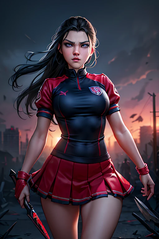 A beautiful girl with long braided black hair, detailed blue eyes, thin lips, round face, wearing a cheerleader uniform, holding a serrated dagger, arrogant expression, zombie killer protagonist, (best quality,8k,highres,photorealistic,hyper detailed,studio lighting,vibrant colors,dramatic lighting,cinematic,dark fantasy art style),desolate city background