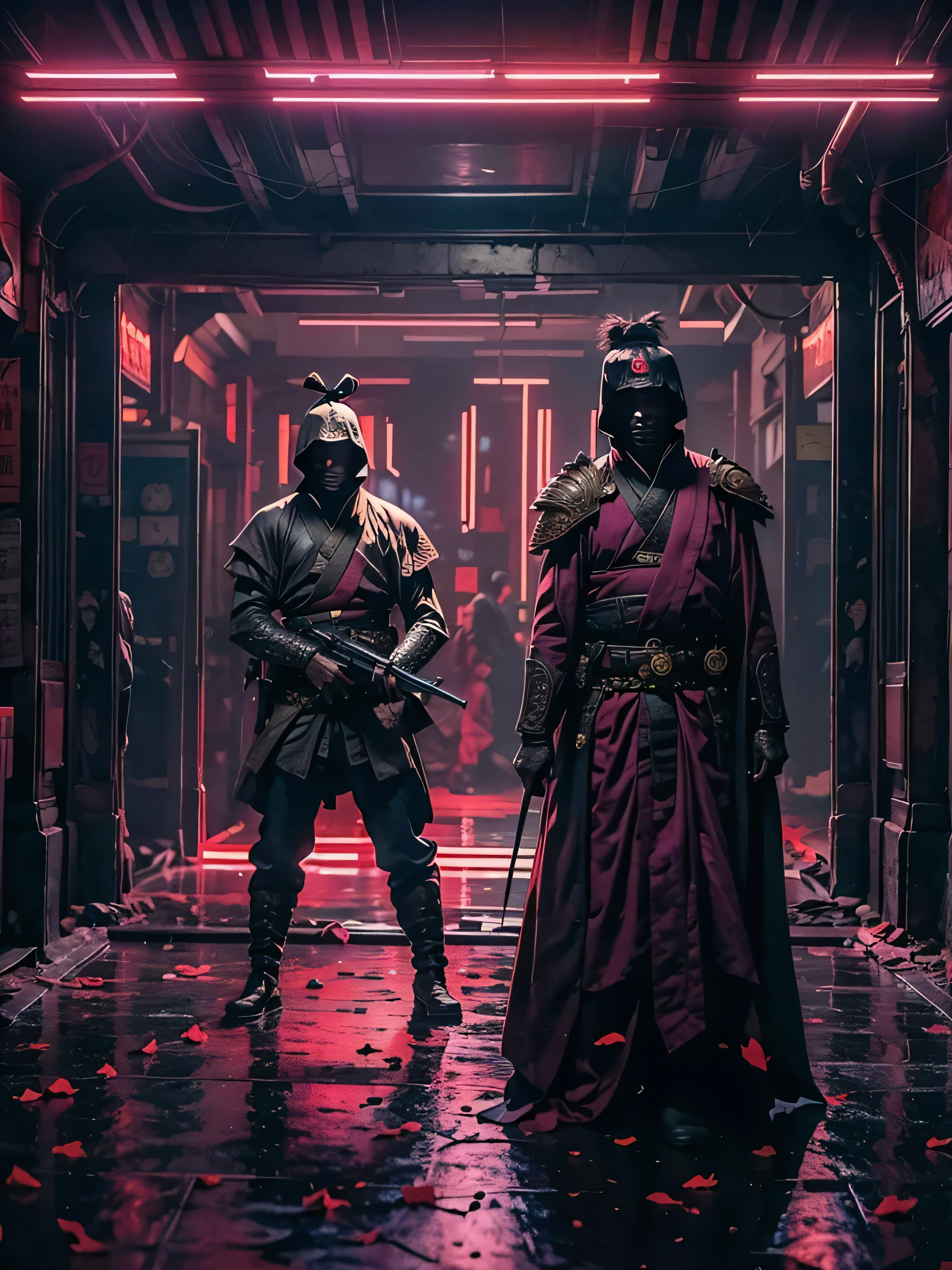 (((Masterpiece))),Best Quality,realistic perspective, High-resolution photograph,realistic details,sharp focus Two Chinese guards, dressed as futuristic samurai assassins with flowing capes and advanced weaponry, stand guard at a secret doorway in a shadowy, mysterious location. The scene is set in a cyberpunk future with glowing neon lights and dark tones. The ambiance is tense and enigmatic, filled with the sense of hidden danger. The environment combines advanced technology and ancient traditions, with the guards embodying this duality as they guard the unknown behind the secret door.Depth of field, (extremely intricate:1.3),4k, 8k