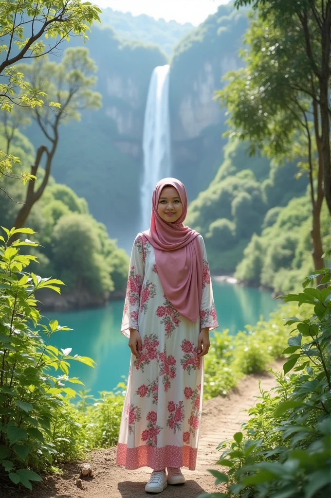 Top Quality, Masterpiece, High Resolution, 8k, Instagram photo, reailistic photo. Lora: realistic asian. a young woman white skinned, 20 years old, height 160 cm, standing in front of a waterfall. She is wearing a pink hijab and a long-sleeved top with a ruffled neckline. The top is paired with light blue trousers and white sneakers. She has a black crossbody bag slung over her shoulder. The woman is standing on a wooden bridge with a wooden railing and there are trees and bushes in the background. There are a few people visible in the distance. The overall mood of the image is casual and relaxed.