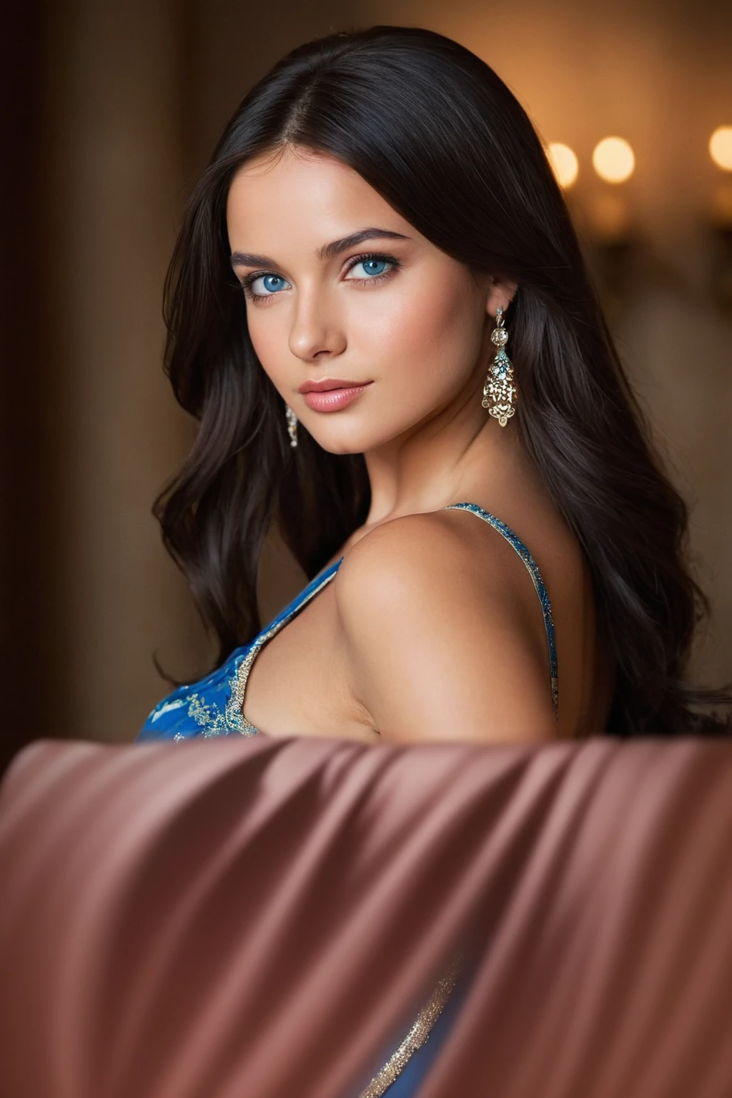 Greek and Polish, medium closeup, 1girl, solo, wide hips, fit stomach, long detailed eyelashes, detailed eyes, full lips, detailed skin texture:1.1, realistic hair:1.2, HAIR: long black hair, wearing a blue satin nightgown, LOCATION: cozy living room, EXPRESSION: warm smile, soft lighting, depth of field, photorealistic, Ultra High Definition, Raw Photo.