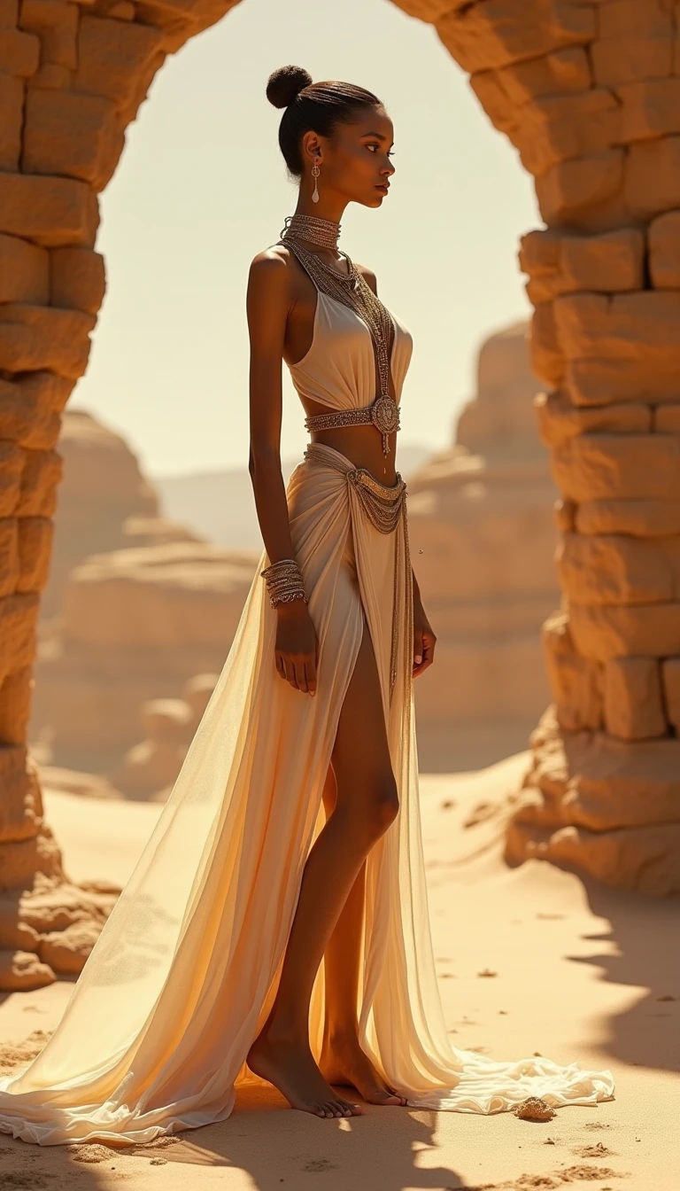 photo of a girl entering a troglodyte cave, searching dynamic (profile:0.7), standing in a (planet dune:0.4) like environment with with a village in the background in a (scifi:1.1) setting, rugged (torn:1.2) thin cloth straps neatly wrapped , endomorphic female body, navel, thin diaphanous draped cloth loincloth, (thin silk (see-through:1.1) clothing:1.1), iron jewels, primitive iron necklace, iron bracelets, cornea reflections, veiny sclera, detailed skin texture, veins, skin pores, skin fuzz, peach skin, vellus hair, transluscency, subsurface scattering, skin bump, goose bump, detailed body, detailed face, detailed eyes, depth of field, exquisite natural lighting