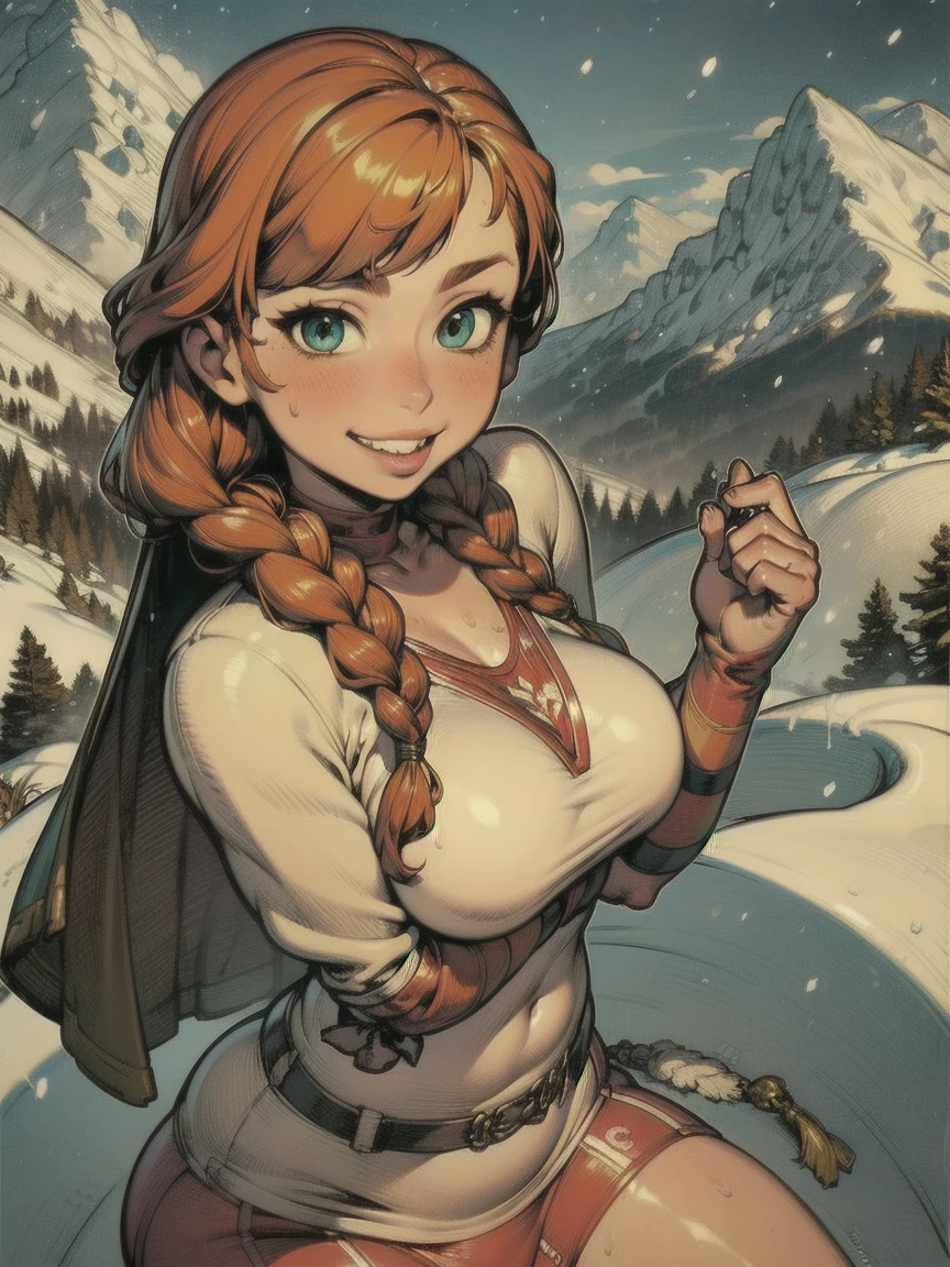 masterpiece, ultra quality, ultra high-res, ultra detailed,1girl, anna of arendelle, twin braids, red hair, Toothy grin, (winter mountain outfit), combat stance, 村, snow,