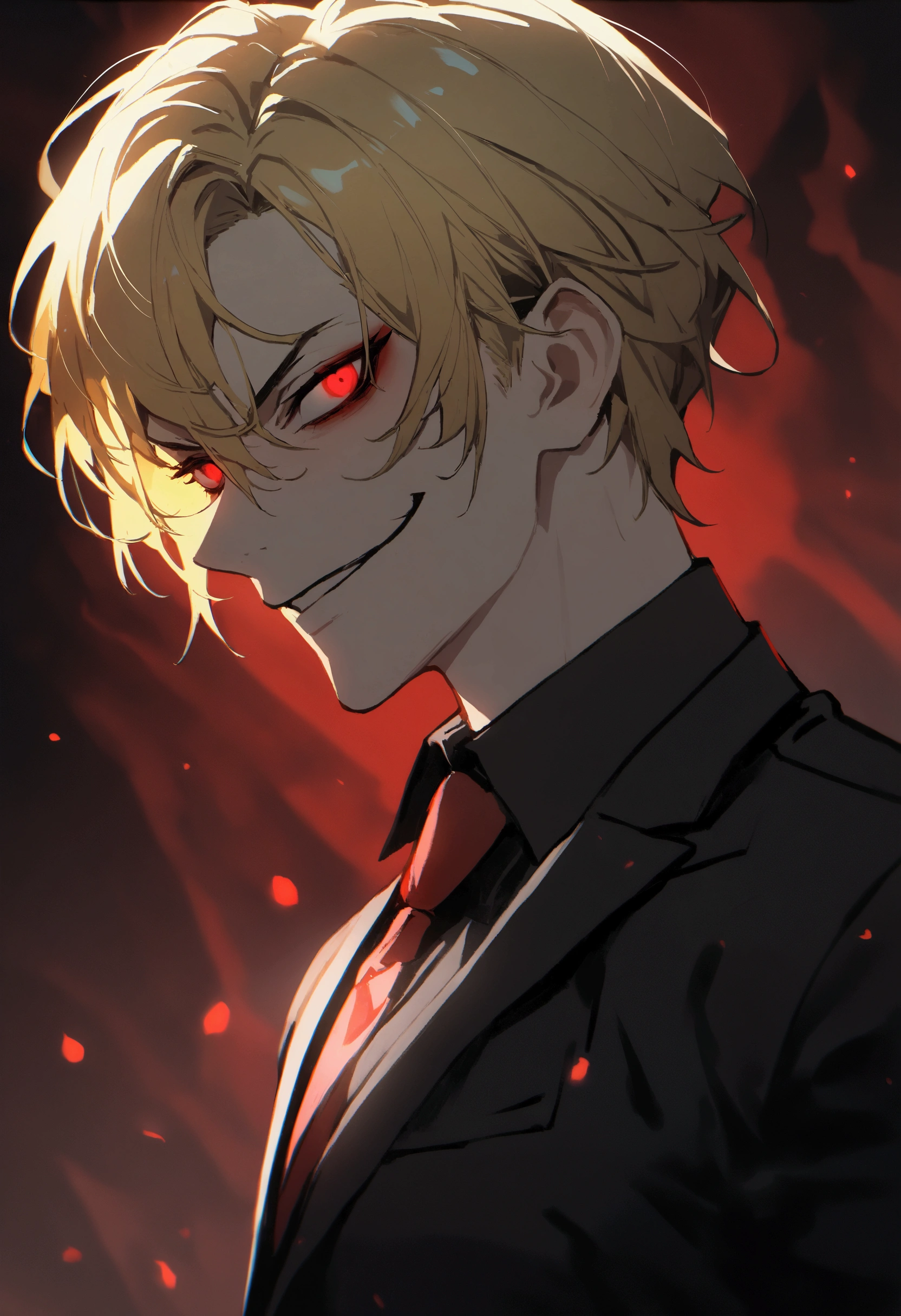 A handsome messy blond hair,and beautiful eyes that gave the aura of madness,he had a crazy wide smile,has blood stains on clothes and face, front-facing,front view,wears blood stained clothes, masterpiece.