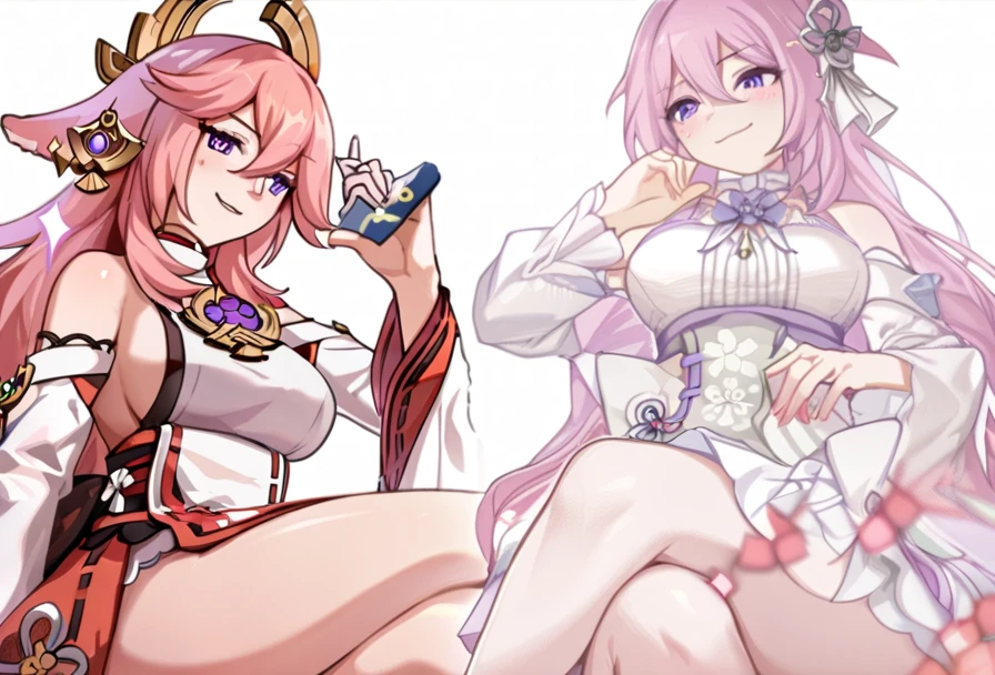 2girls, Dorothy(NIKKE), Yae Miko(Genshin Impact), high quality, masterpiece, legs crossed, sitting, smug smile