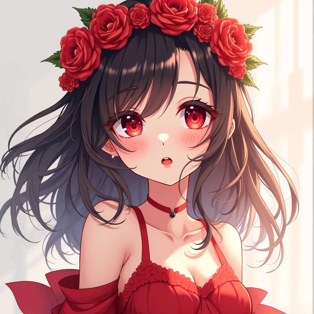 (masterpiece),(best quality:1.0), (ultra highres:1.0), detailed illustration, 8k, anime, 1girl, beautiful anime girl, wearing a red dress, flower crown, pretty face, detailed face, beautiful eyes, detailed eyes, dark red eyes, bright red lips, red lipstick, beautiful stylish hair, highlights in hair, bangs anime style, best quality, vibrant