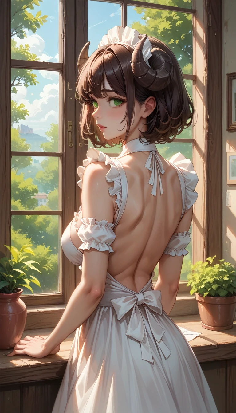 Cute girl,erotic maid uniform, shows ass, perfect body, tight ass, thong, back view, идеально shows ass, full length, sexy pose, no bra, costs cancer, back view, turned around, Hand on the back, thong