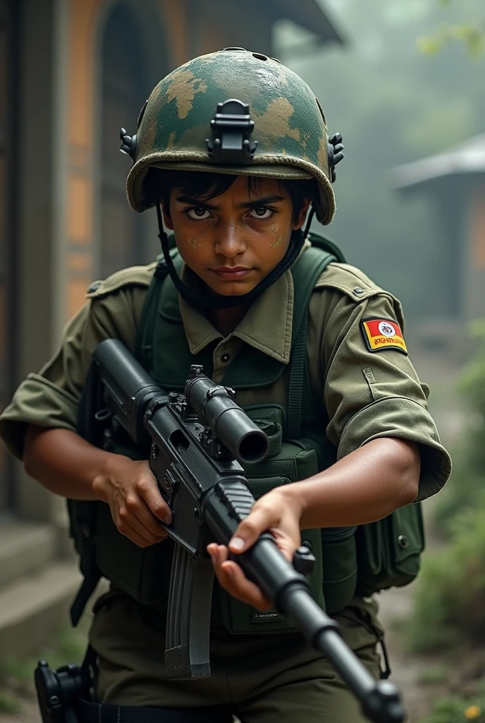 the CD cover contains images boy Indonesian with a gun sniper pose dynamic low view camera, tank, ,helikopter, masterpiece