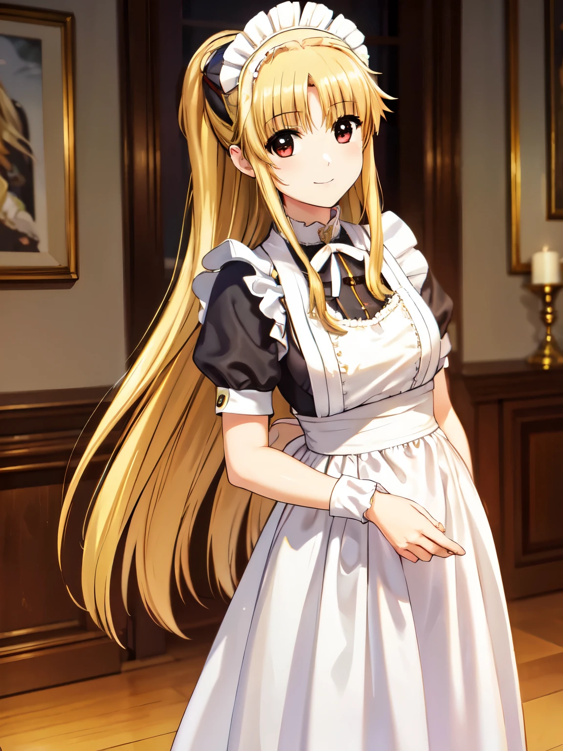 Highest quality,Otome、One Girl、(Anime illustration style),fate、Photographed from the front、indoor、High resolution、Standing,High resolution、Are standing、garden、 Beautiful attractive golden hair、Amber hair、Beautiful and attractive red eyes、smile、Closed Mouth、smile、White maid outfit、(victorian maid outfit:1.5)、1 person、Beautiful Eyes, Sharp pupils, Sharp focus, (Very detailed, bloom, Shine)、(Genuine、Realistic、Realistic:1.5)、High resolution、超High resolution、Ultra-fine painting,Leaning forward:1.3