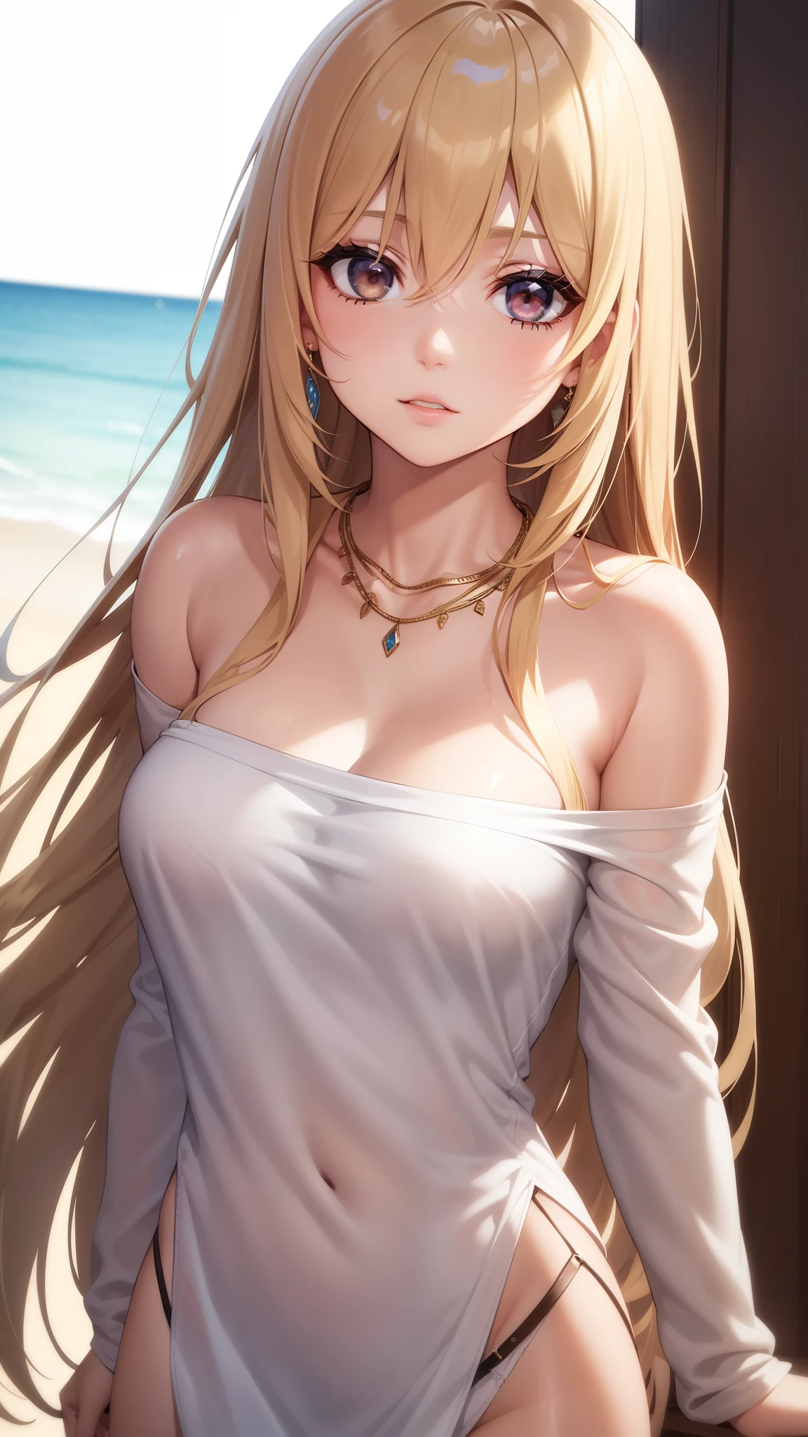 1Girl 1, alone, Long hair, midsize , looking down at viewer, blond hair, bare shoulders, brown eyes, jewellery, full entire body, necklace, off shoulders, pullover, lips, realisti, nose, flirting with the camera