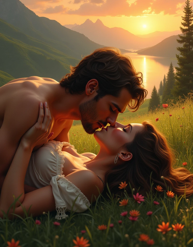 A handsome young man is having sex with a young woman lying naked in the forest. Their prostrate parts are obscured by flowers and grass.