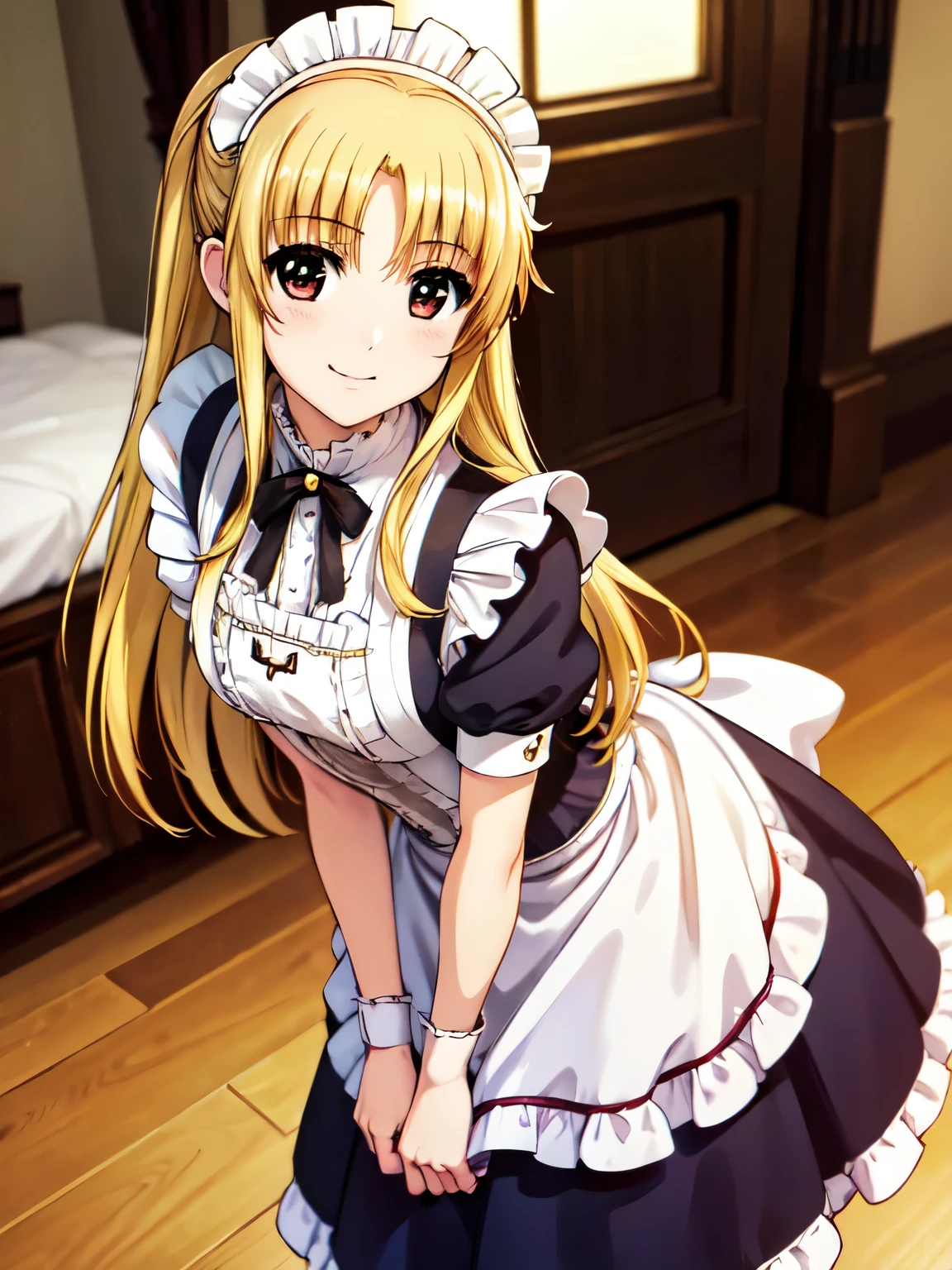 Highest quality,Otome、One Girl、(Anime illustration style),fate、Photographed from the front、indoor、High resolution、Standing,High resolution、Are standing、garden、 Beautiful attractive golden hair、Amber hair、Beautiful and attractive red eyes、smile、Closed Mouth、smile、White maid outfit、(victorian maid outfit:1.5)、1 person、Beautiful Eyes, Sharp pupils, Sharp focus, (Very detailed, bloom, Shine)、(Genuine、Realistic、Realistic:1.5)、High resolution、超High resolution、Ultra-fine painting,(Leaning forward:1.3)