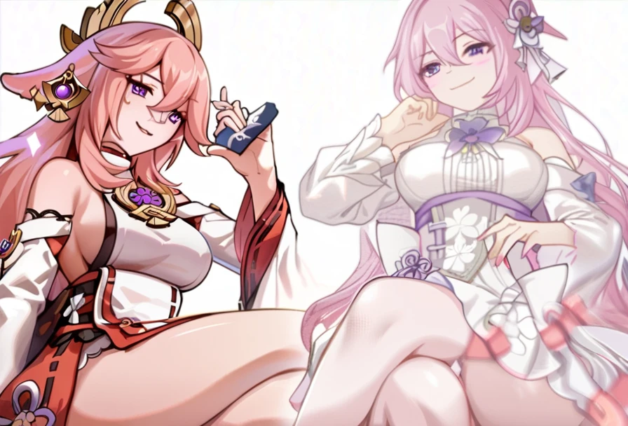 2girls, Dorothy(NIKKE), Yae Miko(Genshin Impact), high quality, masterpiece, legs crossed, sitting, smug smile