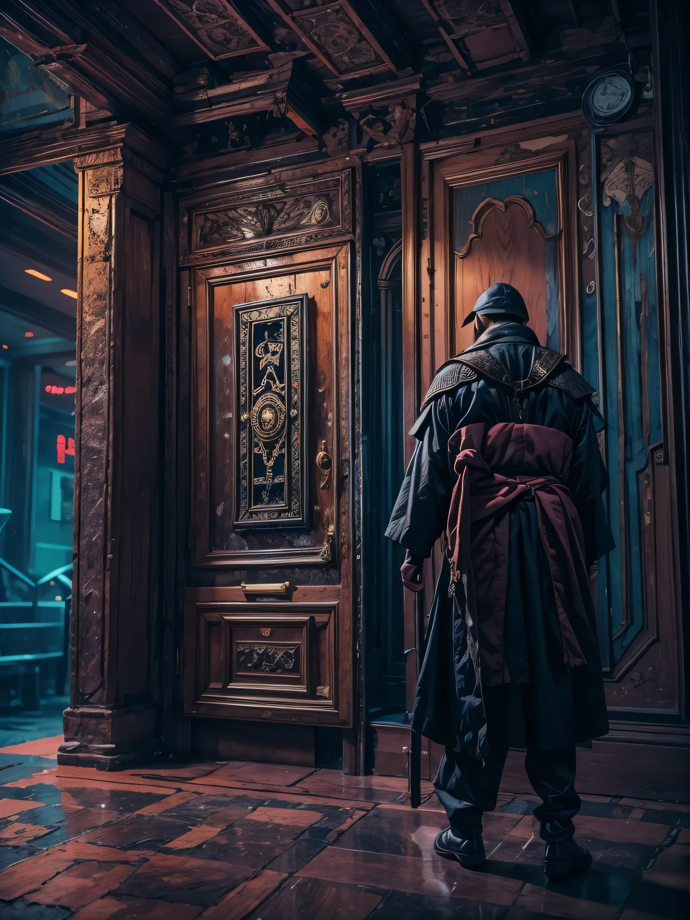 (((Masterpiece))),Best Quality,realistic perspective, High-resolution photograph,realistic details,sharp focus Two Chinese guards, dressed as futuristic samurai assassins with flowing capes and advanced weaponry, stand guard at a secret doorway in a shadowy, mysterious location. The scene is set in a cyberpunk future with glowing neon lights and dark tones. The ambiance is tense and enigmatic, filled with the sense of hidden danger. The environment combines advanced technology and ancient traditions, with the guards embodying this duality as they guard the unknown behind the secret door.Depth of field, (extremely intricate:1.3),4k, 8k