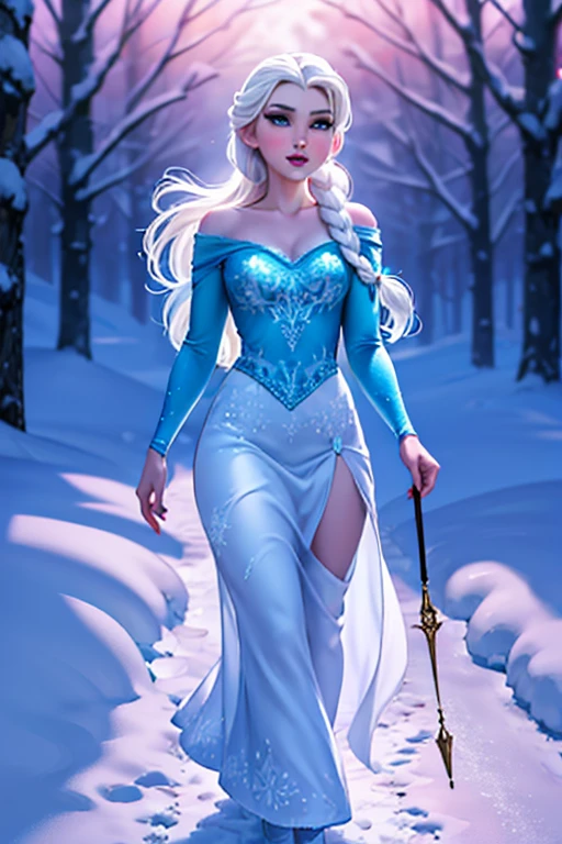 a sensual and beautiful Elsa from the Frozen animation, walking in the snow, detailed face, high quality, photorealistic, 8k, HDR, cinematic lighting, dramatic colors, enchanting, fantasy, winter wonderland