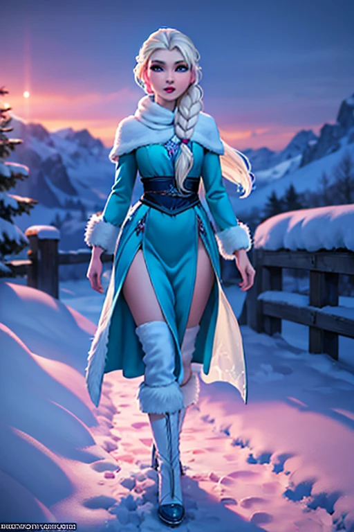 a sensual and beautiful Elsa from the Frozen animation, walking in the snow, detailed face, high quality, photorealistic, 8k, HDR, cinematic lighting, dramatic colors, enchanting, fantasy, winter wonderland