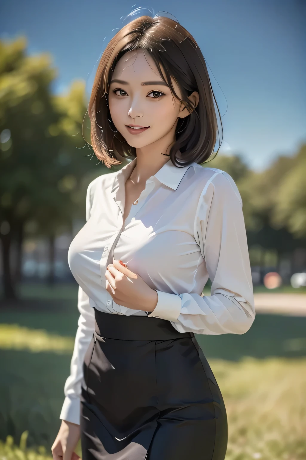 (1 Beauty), beautiful, Great face and eyes, cosmetics, (Extremely delicate beautiful face), (Sexiest Looks), (beautiful big breasts:1.1), (Highest quality:1.4), (Very detailedな), (Very detailed CG synthesis 8k wallpaper), Very detailed, Original photo, Professional photography, ((suit)), (Tight Skirt), (Open collar business shirt), Outdoor, ((Night Forest)), (Night Sky), Written boundary depth