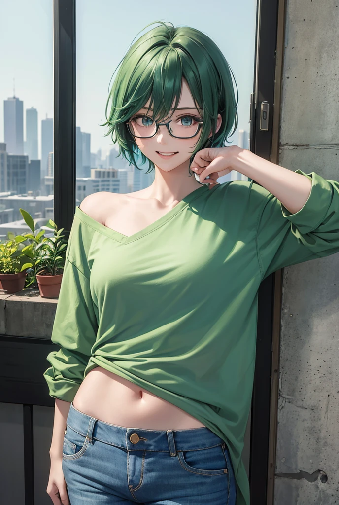 Masterpiece, best quality, 1girl, solo, 23 years old, adult, teal and green hair, messy hair, asymmetrical hair, very short hair, aqua eyes, medium breasts, toned, 167cm, pale skin, glasses, grin, olive green shirt, jeans, midriff peek, prinzzess