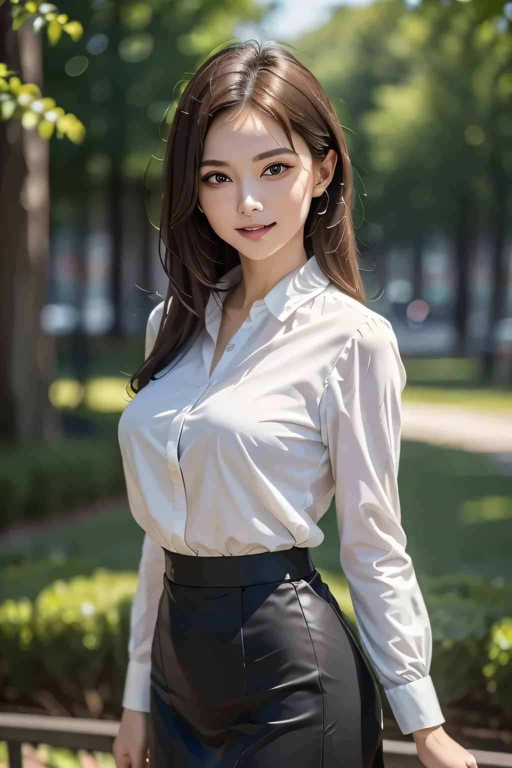 (1 Beauty), beautiful, Great face and eyes, cosmetics, (Extremely delicate beautiful face), (Sexiest Looks), (beautiful big breasts:1.1), (Highest quality:1.4), (Very detailedな), (Very detailed CG synthesis 8k wallpaper), Very detailed, Original photo, Professional photography, ((suit)), (Tight Skirt), (Open collar business shirt), Outdoor, ((Night Forest)), (Night Sky), Written boundary depth