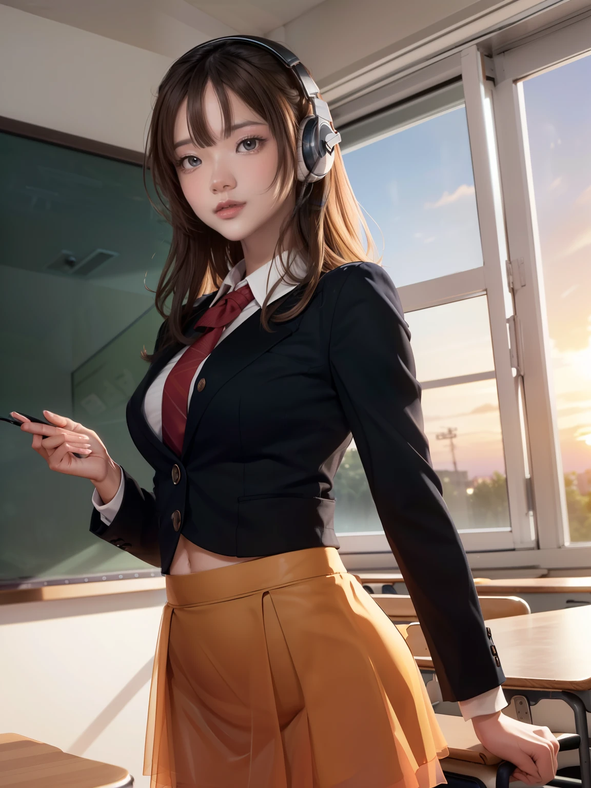 (8k,Photorealistic, masutepiece, Best Quality, Raw photo:1.3)、1woman in, 25years old,Solo,school girl, Long hair, Brown hair, Detailed beautiful face, alluring face, (Detailed beautiful brown eyes:1.2), medium breasts,(loose suit, sheer Skirt :1.35), ( Perfect body skinny beauty: 1.4),( temptation Pose:1.3), (Looking at Viewer, front view,eyes focus:1.2), Detailed background, (sunset:1.2), classroom,fine detailed, intricate detailes, Ray tracing, depth of fields, seductive smile, streaming room, computer, headphones