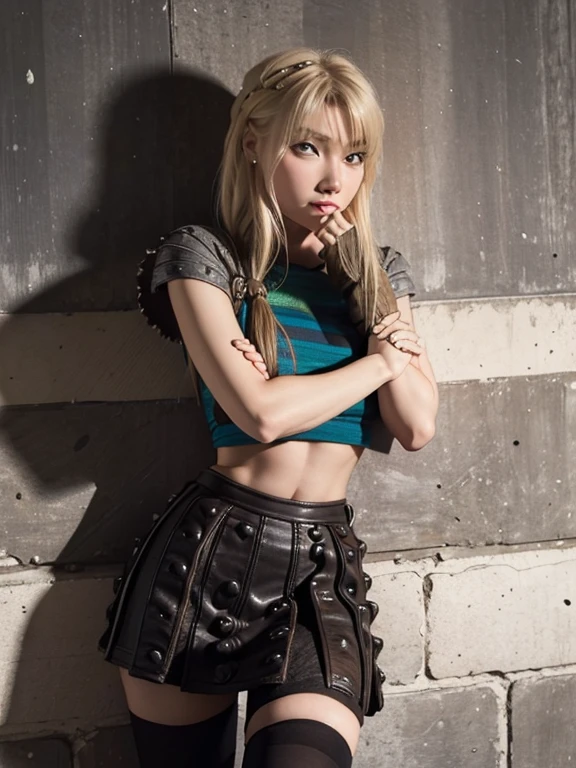 (slight human :1.3),(big :1.3) ,(beautiful white skin:1.4),(blue leather fit garment with metal bangle:1.5),(all fader red background:1.3),(blond mid messy medium hair:1.5),(Sharp Gaze)